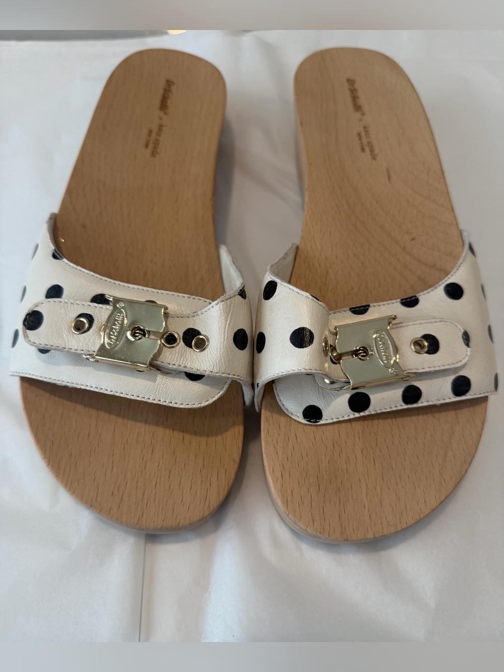 kate spade Dr. SchollsWhite and Black Polka Dot Slide Sandals with Gold Buckle